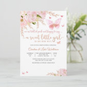 ピンクの花と蝶のベビーシャワー招待状 招待状 (スタンド正面)
