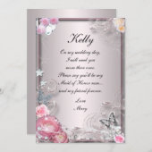 ピンクの花と蝶のメイドオブオナーカード 招待状 (正面/裏面)