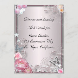 ピンクの花と蝶のレセプションカード 招待状