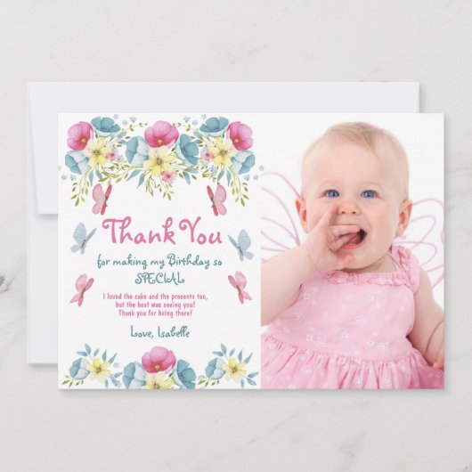 ピンクの花と蝶の写真 誕生日 サンキューカード (正面)