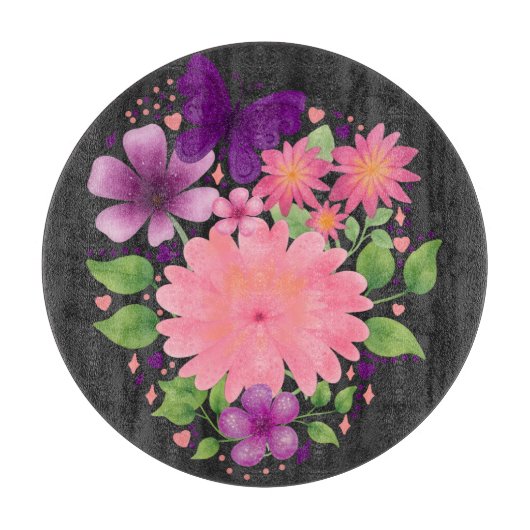 ピンクの花と蝶の水彩デザイン カッティングボード (正面)