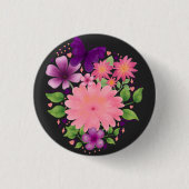 ピンクの花と蝶の水彩デザイン 缶バッジ (正面)