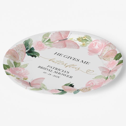 ピンクの花と蝶の美しい花嫁のシャワー ペーパープレート (アングル)