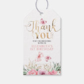 ピンクの花と蝶の誕生日お礼 ギフトタグ (正面)