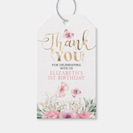 ピンクの花と蝶の誕生日お礼 ギフトタグ