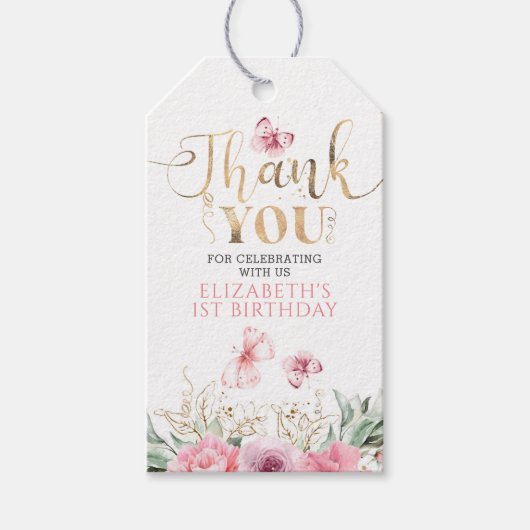 ピンクの花と蝶の誕生日お礼 ギフトタグ (正面)