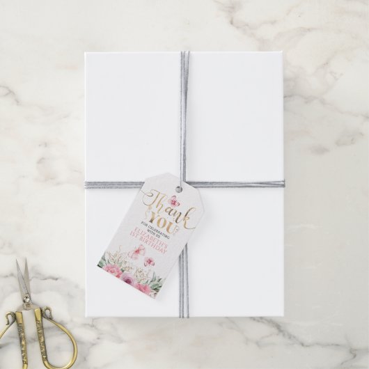 ピンクの花と蝶の誕生日お礼 ギフトタグ (より糸付き)