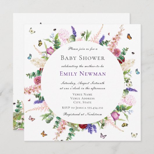ピンクの花と蝶の赤ちゃんシャワー 招待状 (正面/裏面)