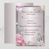 ピンクの花と蝶の返信カード 招待状 (正面/裏面)