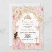ピンクの花と蝶の金のティアラ Quinceañera 招待状 (正面)