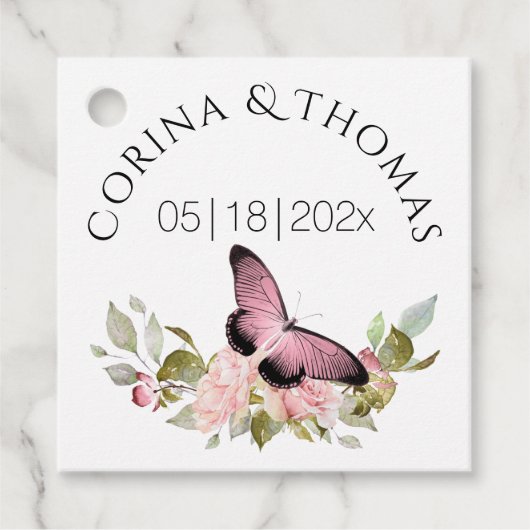 ピンクの花と蝶結婚の フェイバータグ (正面)