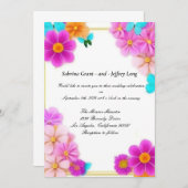 ピンクの花と蝶結婚の 招待状 (正面/裏面)