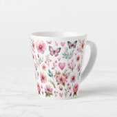 ピンクの花と蝶 カフェラテマグ (右アングル)