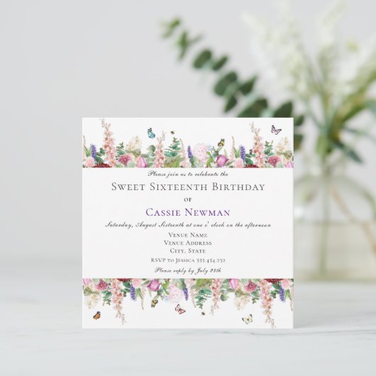 ピンクの花と蝶 |スクエア16誕生日 招待状 (スタンド正面)