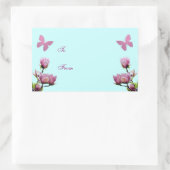 ピンクの花と蝶 長方形シール (バッグ)