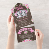 ピンクの花と象の双子女子の木製ベビーシャワー オールインワン招待状 (貼ってはがせる)