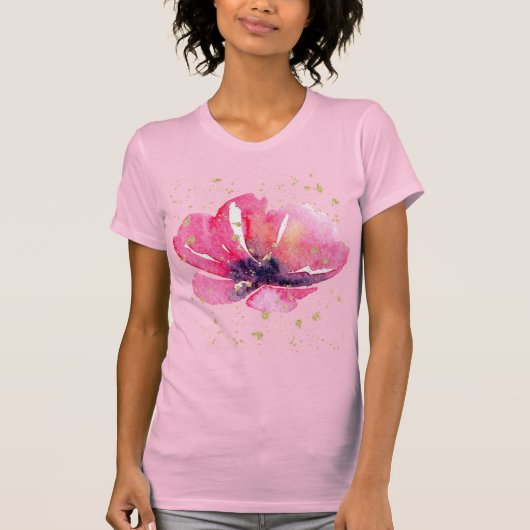 ピンクの花と贅沢なゴールドの水彩画フェミニン Tシャツ (正面)