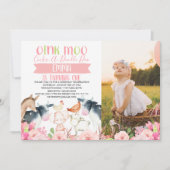 ピンクの花と農場の写真を使った誕生日招待状 招待状 (正面)