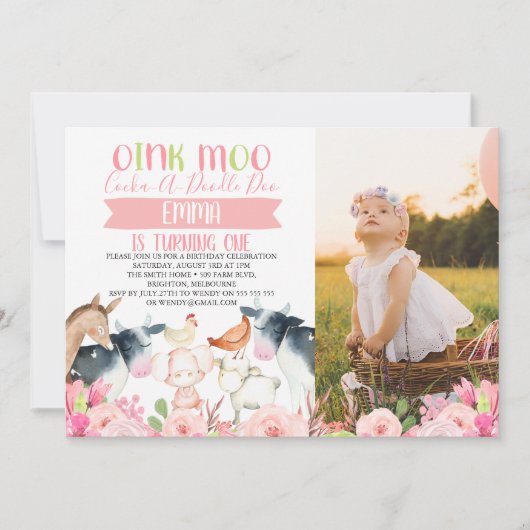 ピンクの花と農場の写真を使った誕生日招待状 招待状 (正面)