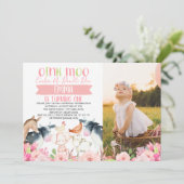 ピンクの花と農場の写真を使った誕生日招待状 招待状 (スタンド正面)