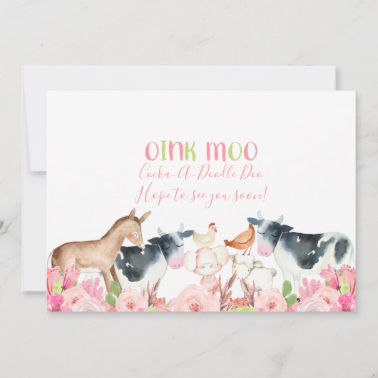 ピンクの花と農場の写真を使った誕生日招待状 招待状 (裏面)