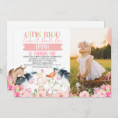 ピンクの花と農場の写真を使った誕生日招待状 招待状 (正面/裏面)