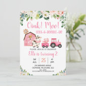 ピンクの花と農場の動物の誕生日 招待状 (スタンド正面)