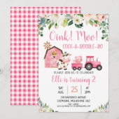 ピンクの花と農場の動物の誕生日 招待状 (正面/裏面)