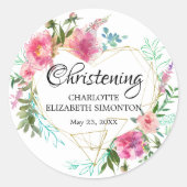 ピンクの花と金の幾何学的ステッカー洗礼 ラウンドシール (正面)