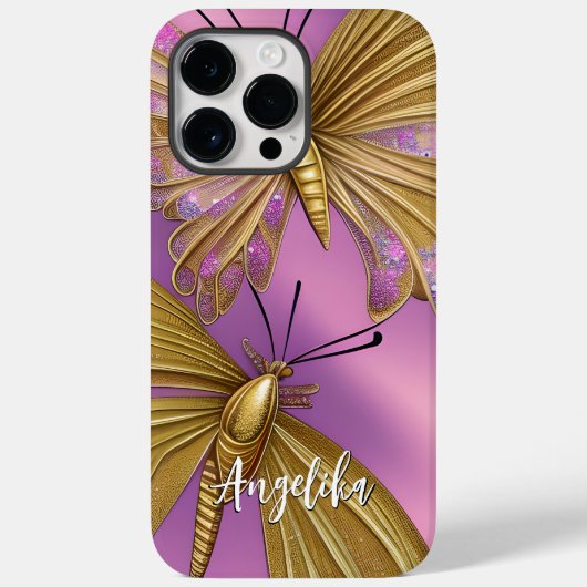 ピンクの花と金の蝶の名入れデザイン Case-Mate iPhoneケース (裏面)