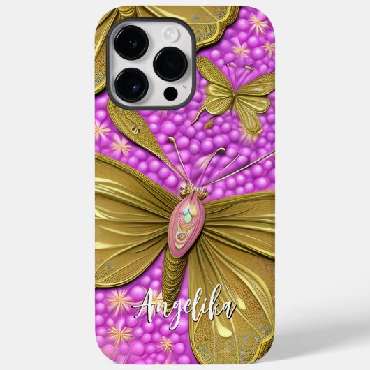 ピンクの花と金の蝶の名前 Case-Mate iPhoneケース (裏面)