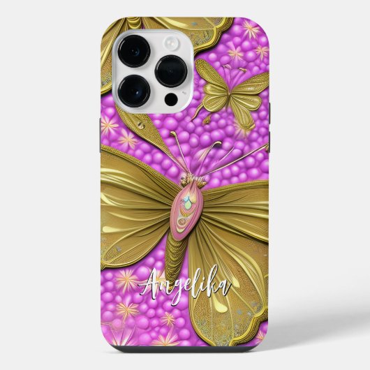 ピンクの花と金の蝶の名前 iPhoneケース (裏面)