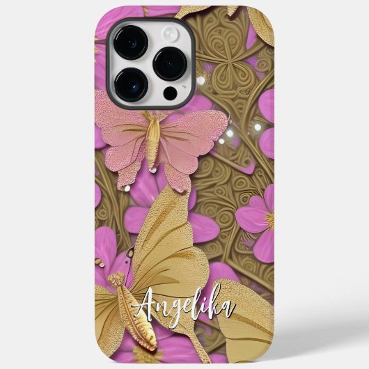 ピンクの花と金の蝶、そしてあなたの名前 Case-Mate iPhoneケース (裏面)
