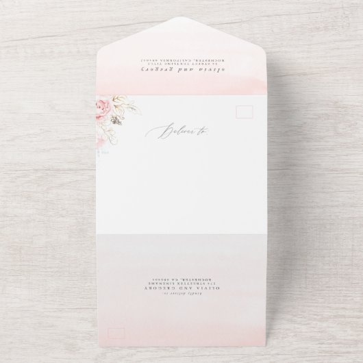 ピンクの花と金ゴールドの緑のエレガントな結婚式 オールインワン招待状 (外側)