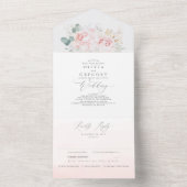 ピンクの花と金ゴールドの緑のエレガントな結婚式 オールインワン招待状 (内側)
