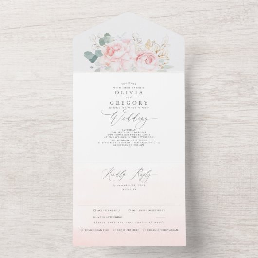 ピンクの花と金ゴールドの緑のエレガントな結婚式 オールインワン招待状 (内側)