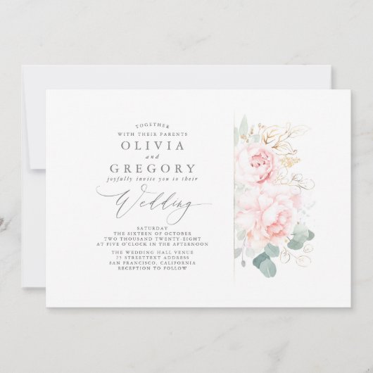 ピンクの花と金ゴールドの緑のエレガントな結婚式 招待状 (正面)