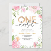 ピンクの花と金ゴールドの誕生日招待状 マグネット招待状 (正面)