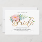 ピンクの花と金ゴールドグリッターモダンブライダルシャワー 招待状 (正面)