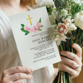 ピンクの花と金ゴールドグロスガールバプテスマ 招待状