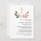 ピンクの花と金ゴールドグロスガールバプテスマ 招待状 (正面)