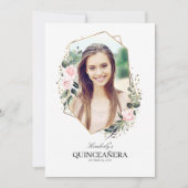 ピンクの花と金ゴールド紙吹雪キンセアニェラ写真 招待状 (正面)