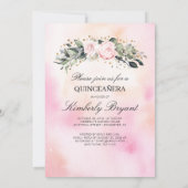 ピンクの花と金ゴールド紙吹雪キンセアニェラ写真 招待状 (裏面)