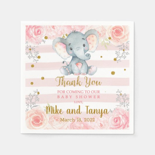 ピンクの花と金ゴールド象の赤ちゃんシャワーナプキン。 スタンダードカクテルナプキン (正面)