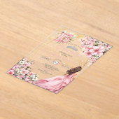 ピンクの花と金色の蝶のケンセイェーラ アクリル招待状 (レイダウン)