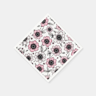 ピンクの花と離れデザインのスケッチ スタンダードカクテルナプキン