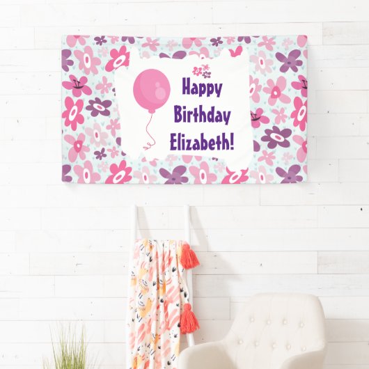ピンクの花と青いハートかわいい誕生日 横断幕 (インサイチュ)