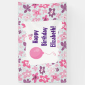 ピンクの花と青いハートかわいい誕生日 横断幕 (縦)