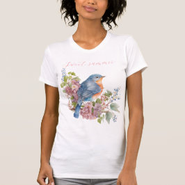 ピンクの花と青い鳥の女性のTシャツ Tシャツ