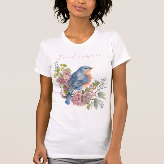 ピンクの花と青い鳥の女性のTシャツ Tシャツ (正面)